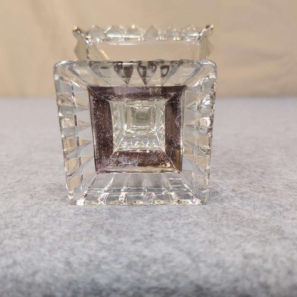 Vintage Clear Pressed Glass Square Pedestal Dish Gold Trim Thumbprint Pattern - Picture 8 of 9